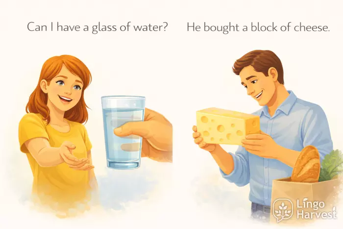 partitives glass of water and block of cheese