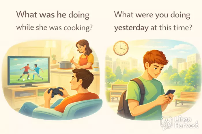past continuous questions English cooking watching TV yesterday time
