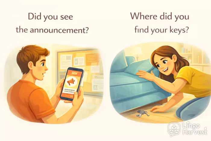 past simple questions English announcement finding lost keys