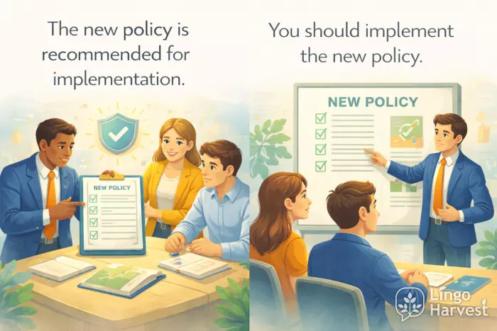policy implementation passive and active sentences comparison
