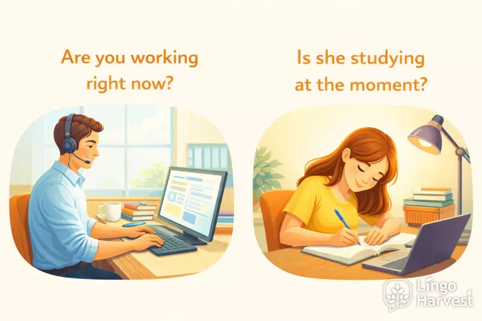 present continuous questions working studying right now
