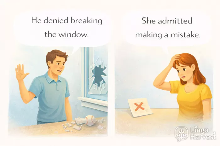 reported speech denied breaking window admitted making mistake