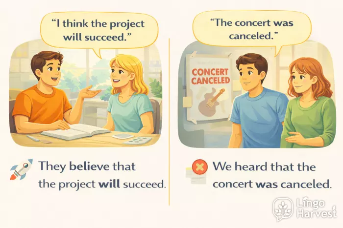reported speech examples believe project succeed heard concert canceled
