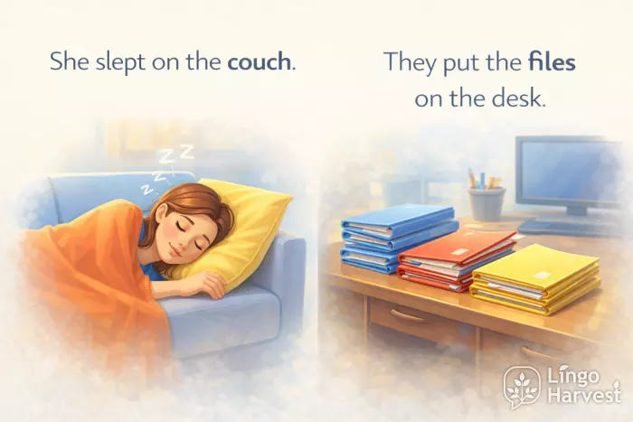Sleeping on couch, files on desk