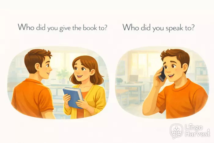who questions with prepositions giving book speaking to someone