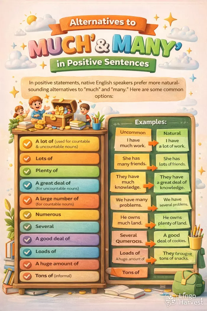 Alternatives to much and many in positive sentences infographic