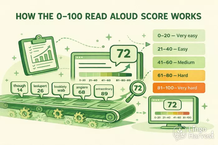 Pronunciation difficulty score scale from 0 to 100 infographic