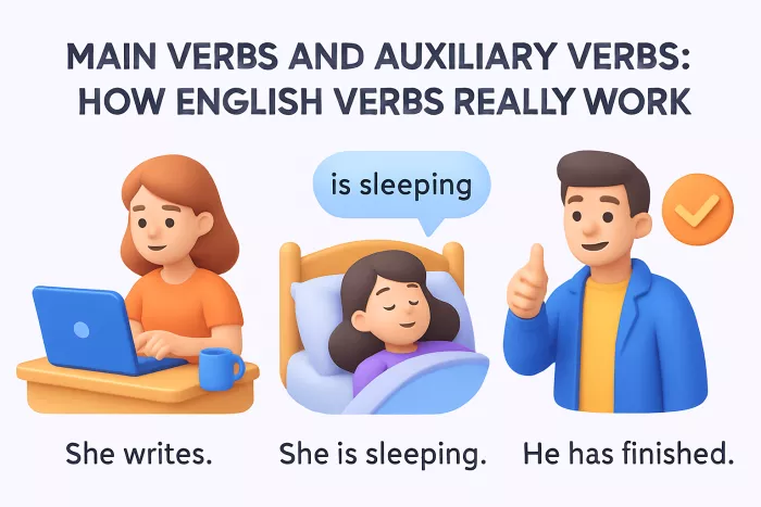 Examples showing main verbs and auxiliary verbs in different English tenses