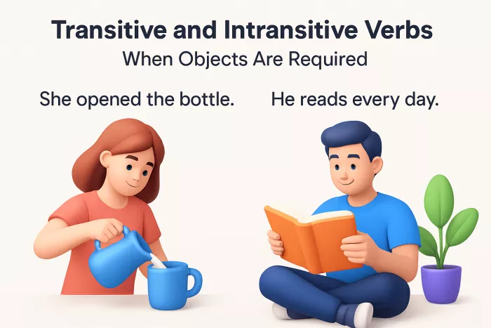 Illustration showing transitive and intransitive verbs with example sentences