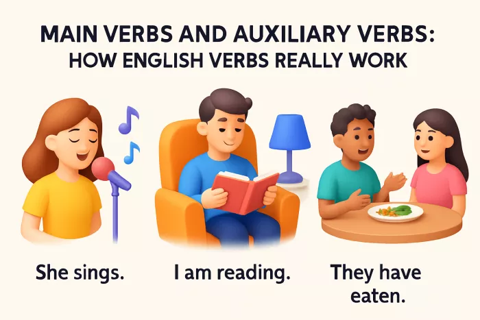 Examples of main verbs and auxiliary verbs in English sentences