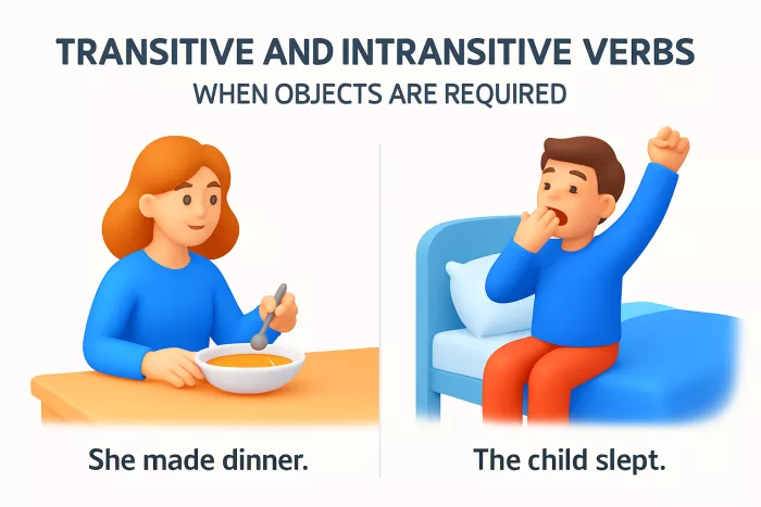 Illustration showing transitive and intransitive verbs with example sentences
