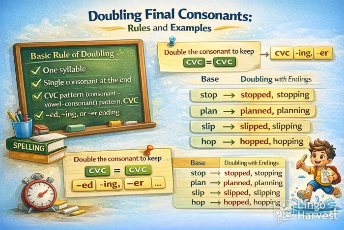 Doubling final consonants spelling rules illustration