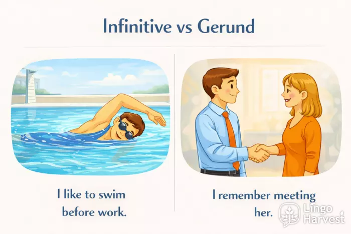 infinitive vs gerund like swim remember meeting