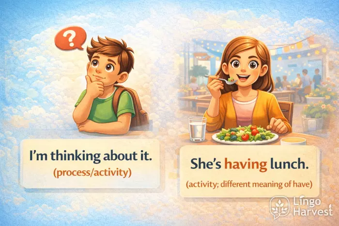 Present continuous thinking and having lunch examples illustration
