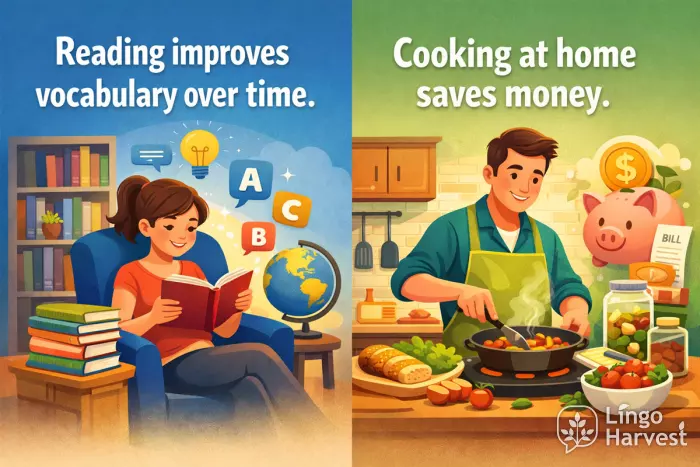 Reading improves vocabulary cooking at home saves money