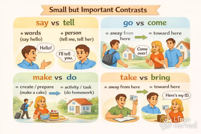 say tell go come make do take bring verb contrasts