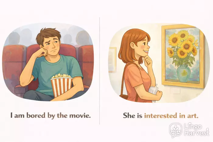 bored by vs interested in adjective prepositions examples