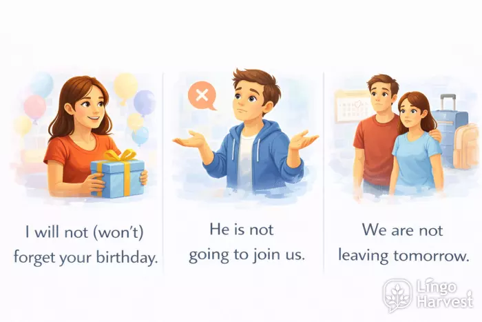Negative future statements with will, going to, and present continuous