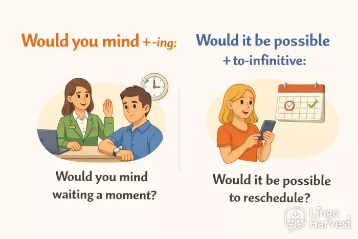 polite requests would you mind ing vs to infinitive