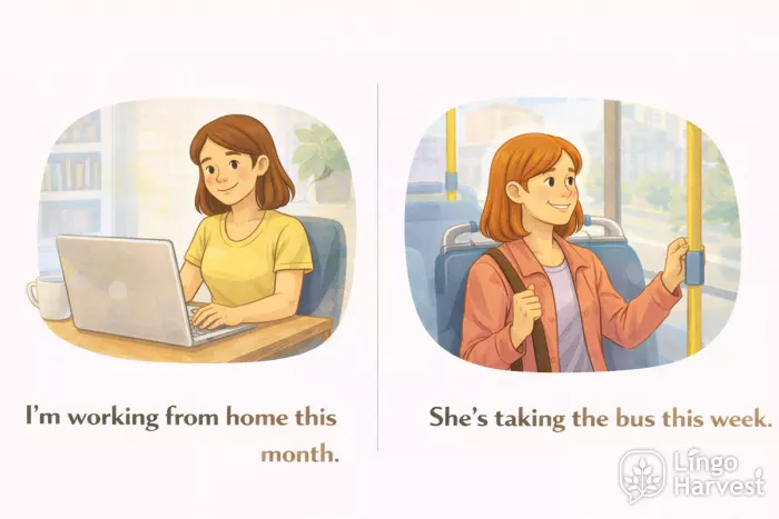 present continuous temporary situations working from home taking bus