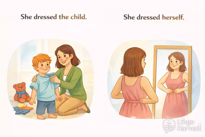 reflexive verbs dressed herself vs dressed the child
