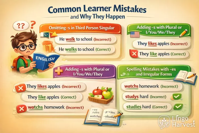 Common learner mistakes with third person -s in English grammar illustration