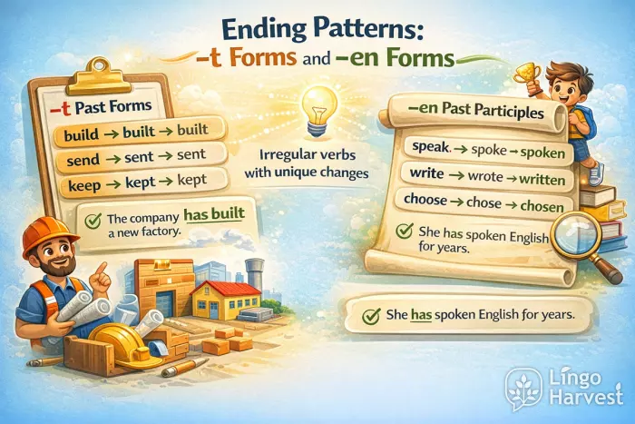 Ending patterns of irregular verbs with -t and -en forms in English grammar illustration