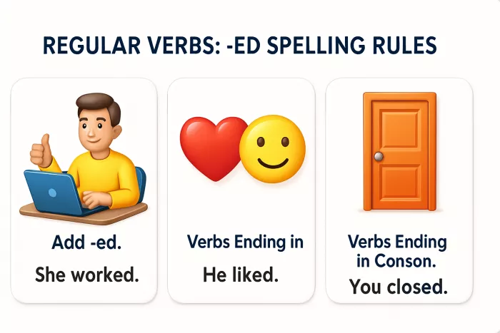 Illustration showing regular verbs -ed spelling rules