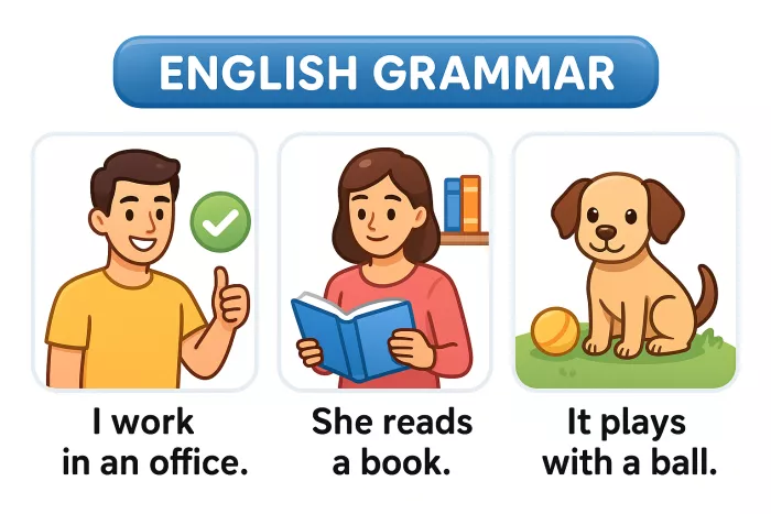 Examples of present simple tense with third-person singular -s in affirmative sentences