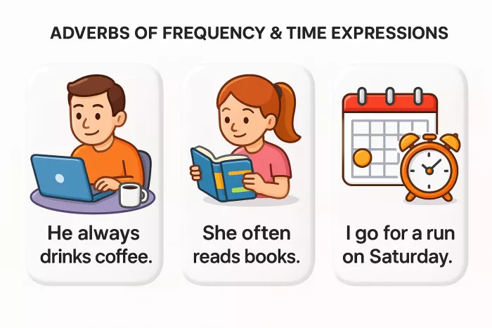 Examples of adverbs of frequency and time expressions in present simple sentences