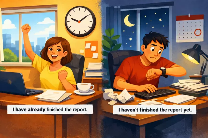 Present perfect completion, experience, and duration pattern