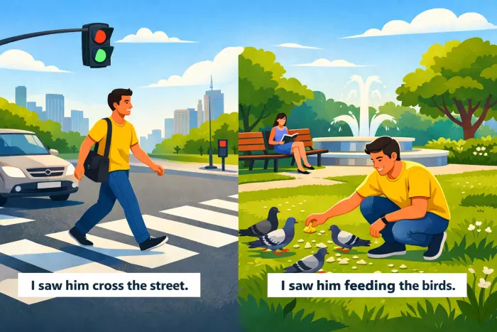 Perception verb infinitive versus -ing meaning contrast