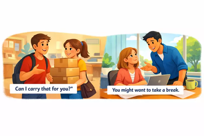 Modal verbs for polite help and suggestions