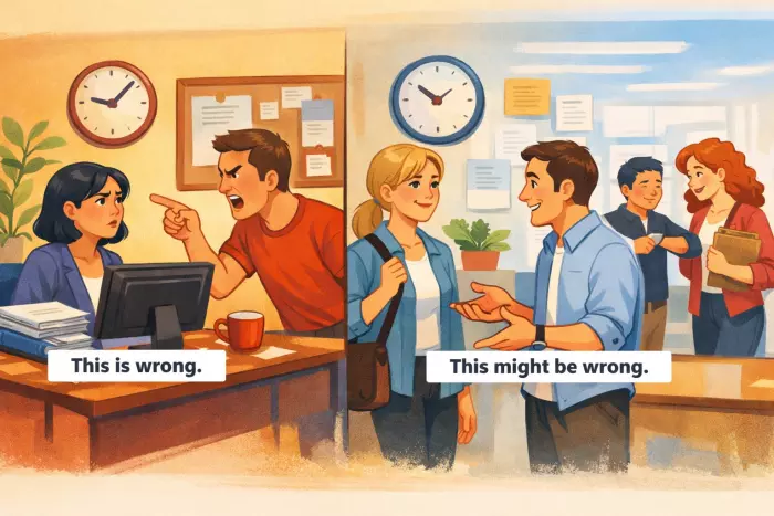 Polite modal verb hedging for softer statements