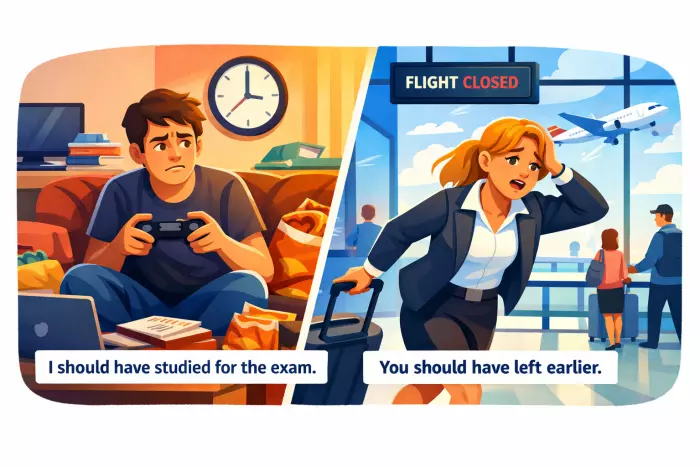 Regretful hindsight criticism with should have modal verbs