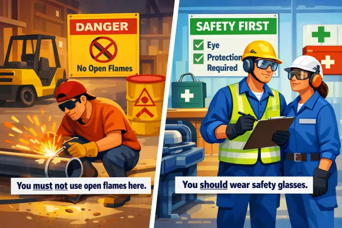 Modal verbs for safety obligation and prohibition